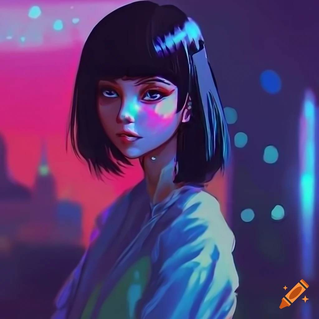 Realistic artwork of a hipster girl in a modern city at night on Craiyon