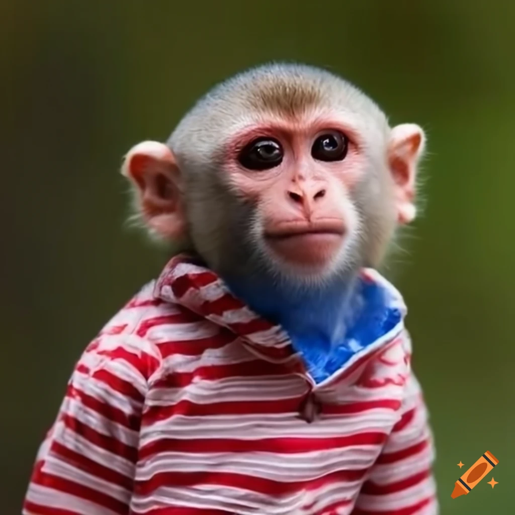 Pet monkey wearing a red and white striped shirt