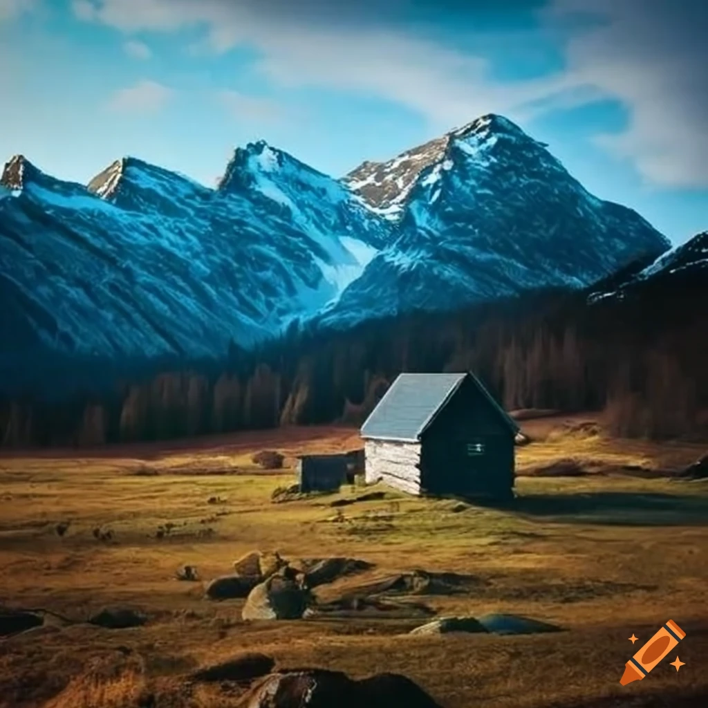 scenic view of mountains and a log cabin in Norway