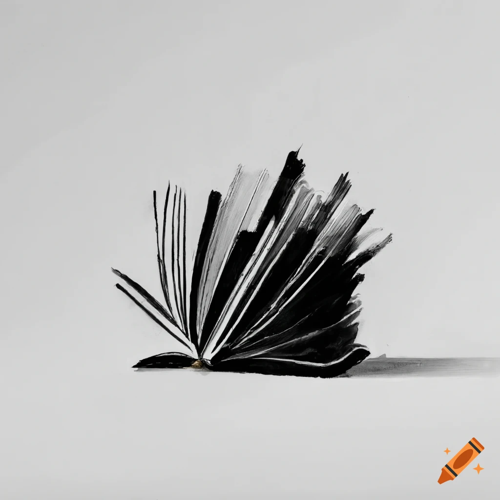 Black and white watercolor painting of a book