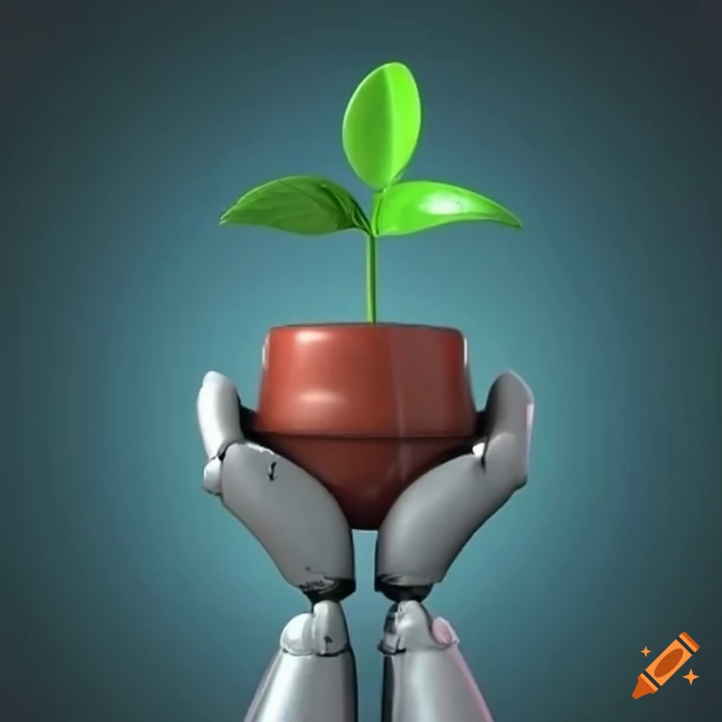 3D rendering of a robot hand holding a small plant