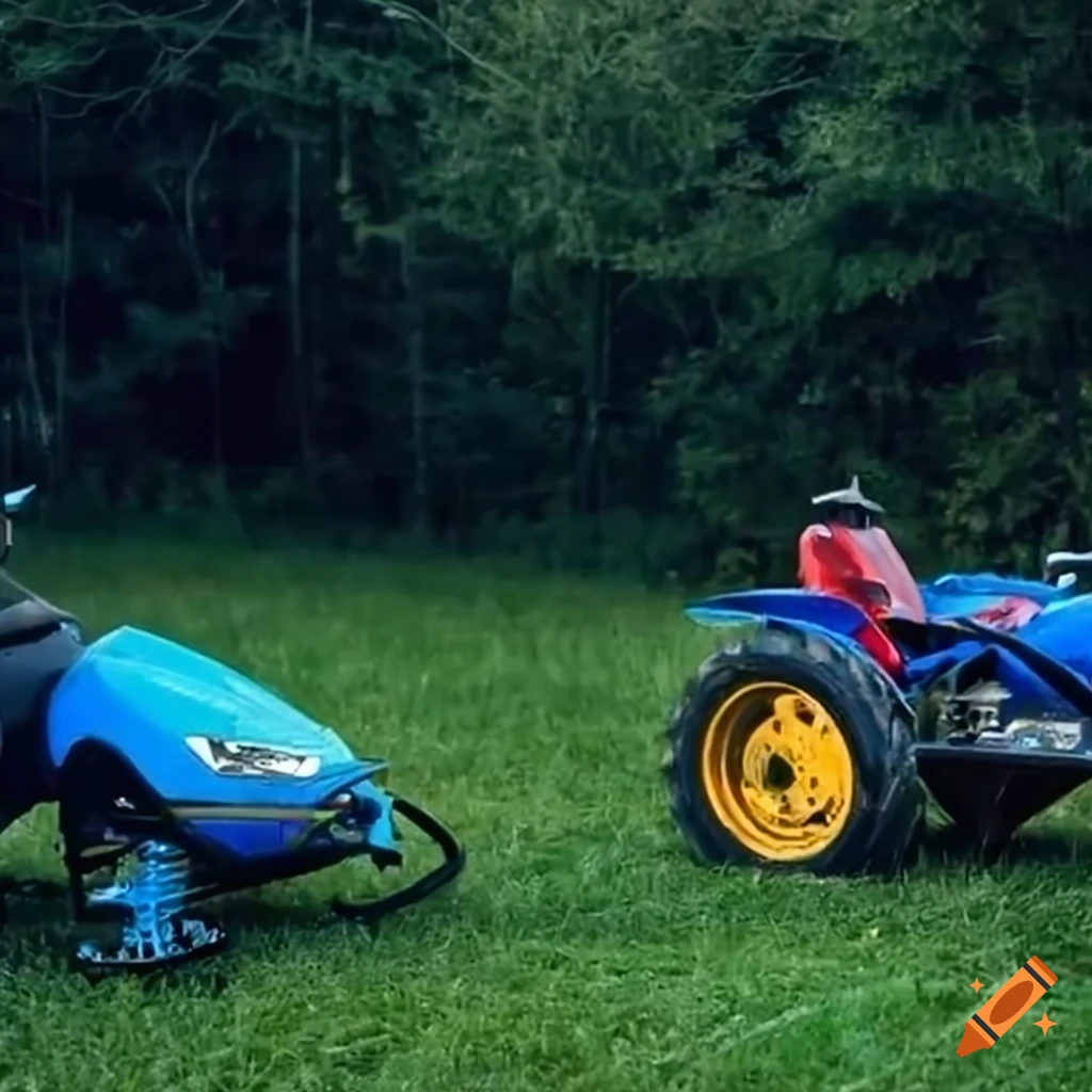 parked tractor and snowmobile in America