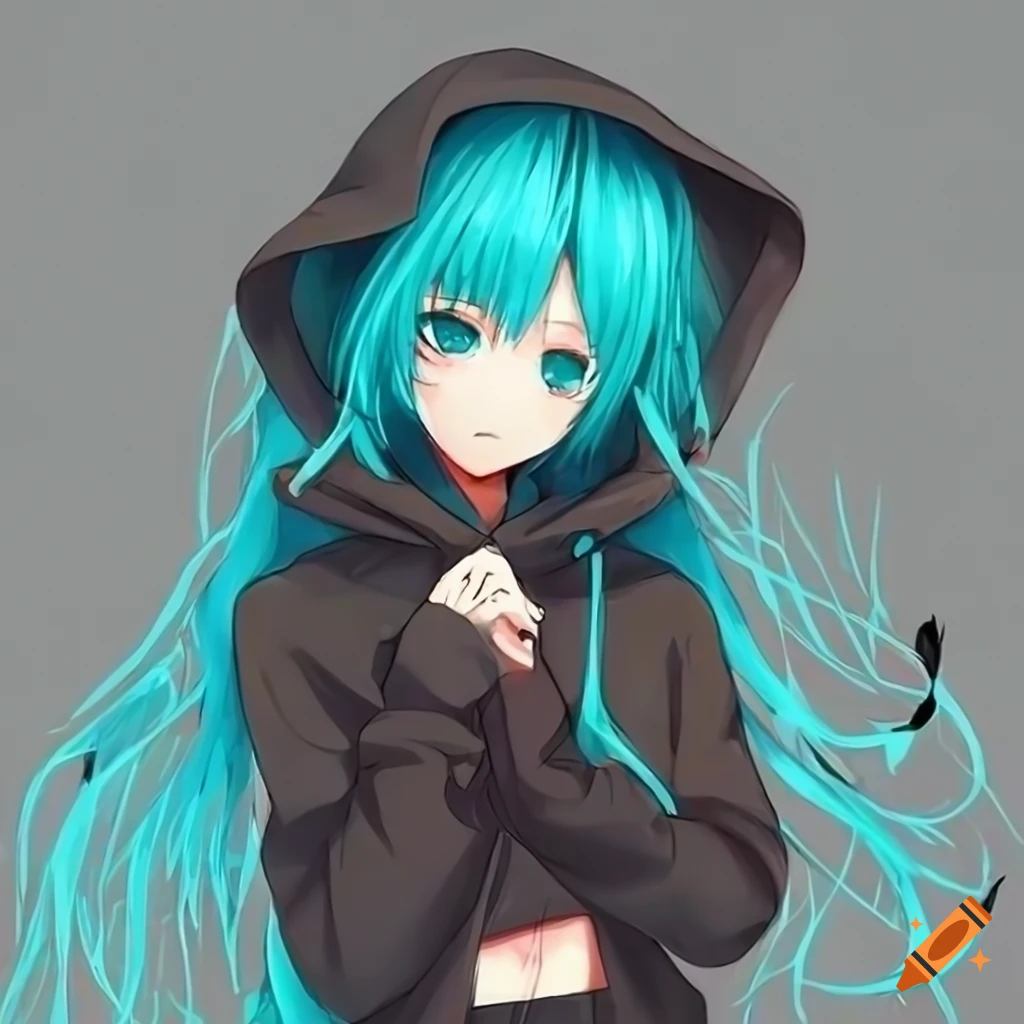 Anime girl with turquoise hair in a black hoodie