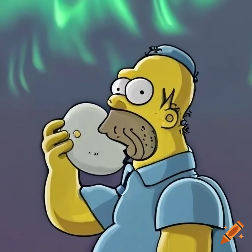 Homer simpson enjoying steamed buns with aurora borealis view on Craiyon