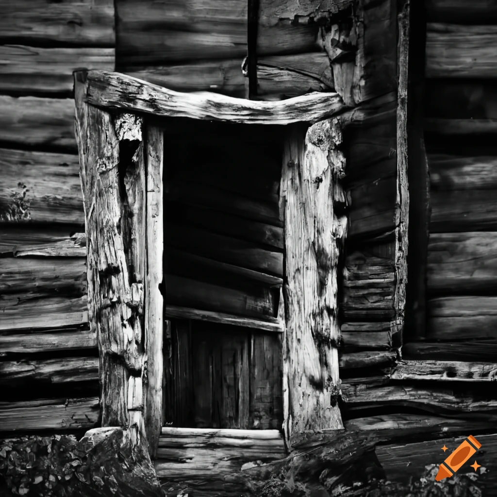 black and white photo of old log cabin doorway