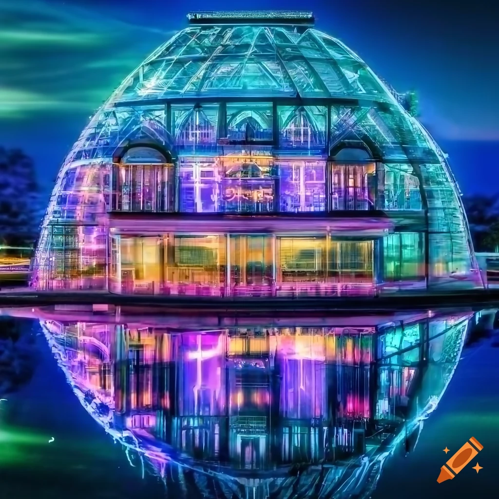 greenhouse in a futuristic city at night