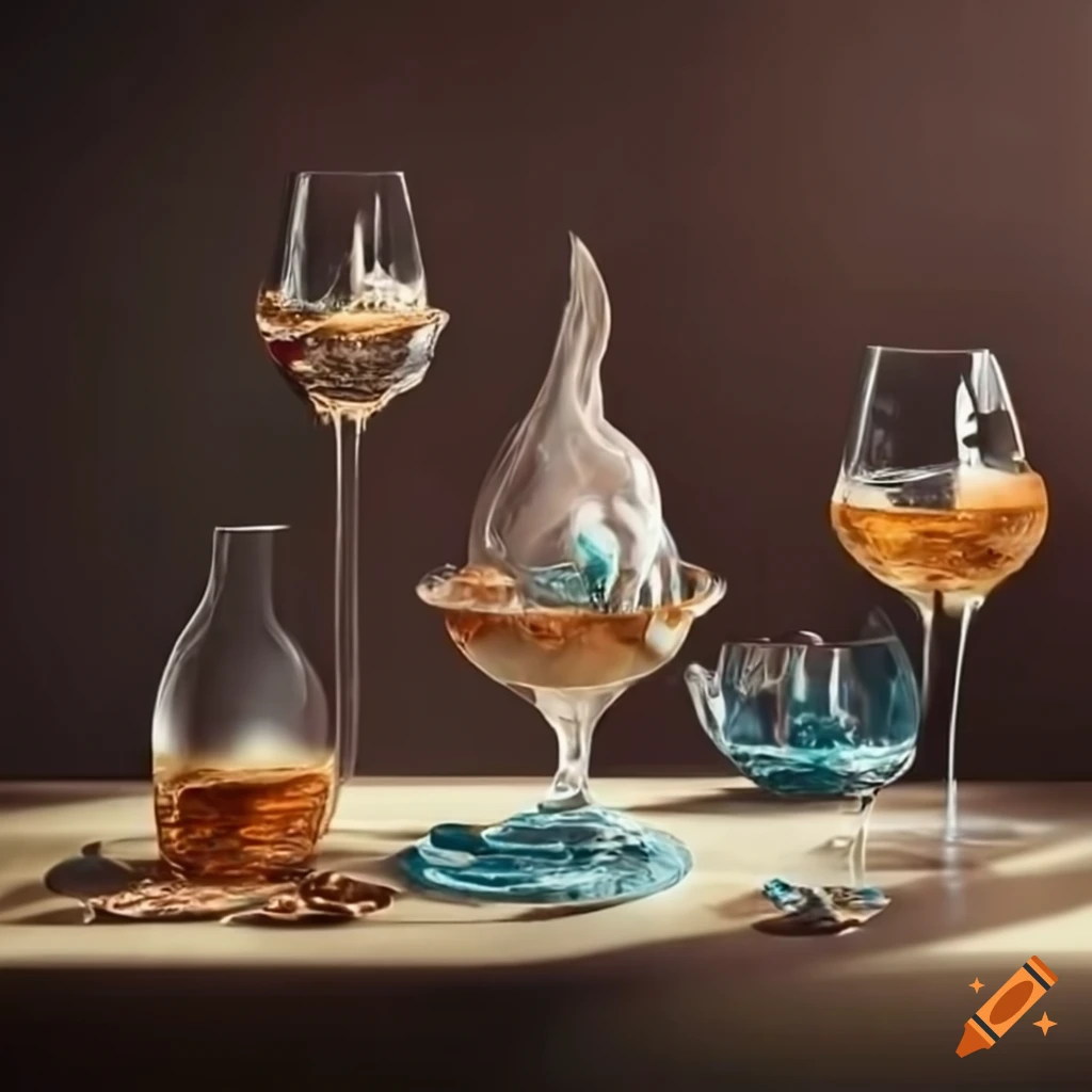 surrealist pastries on a table with glasses and sea horse in glass