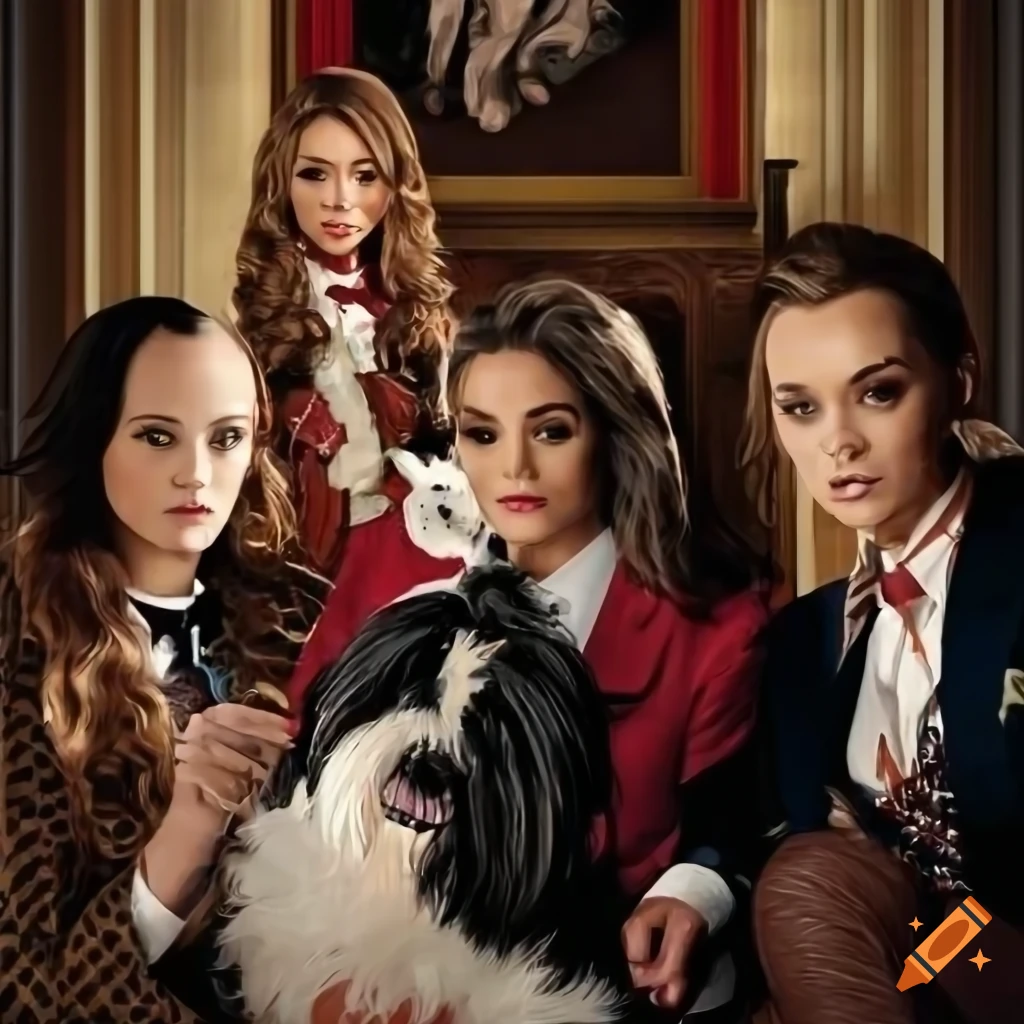 Gossip girl poster with main characters and a shih tzu on Craiyon