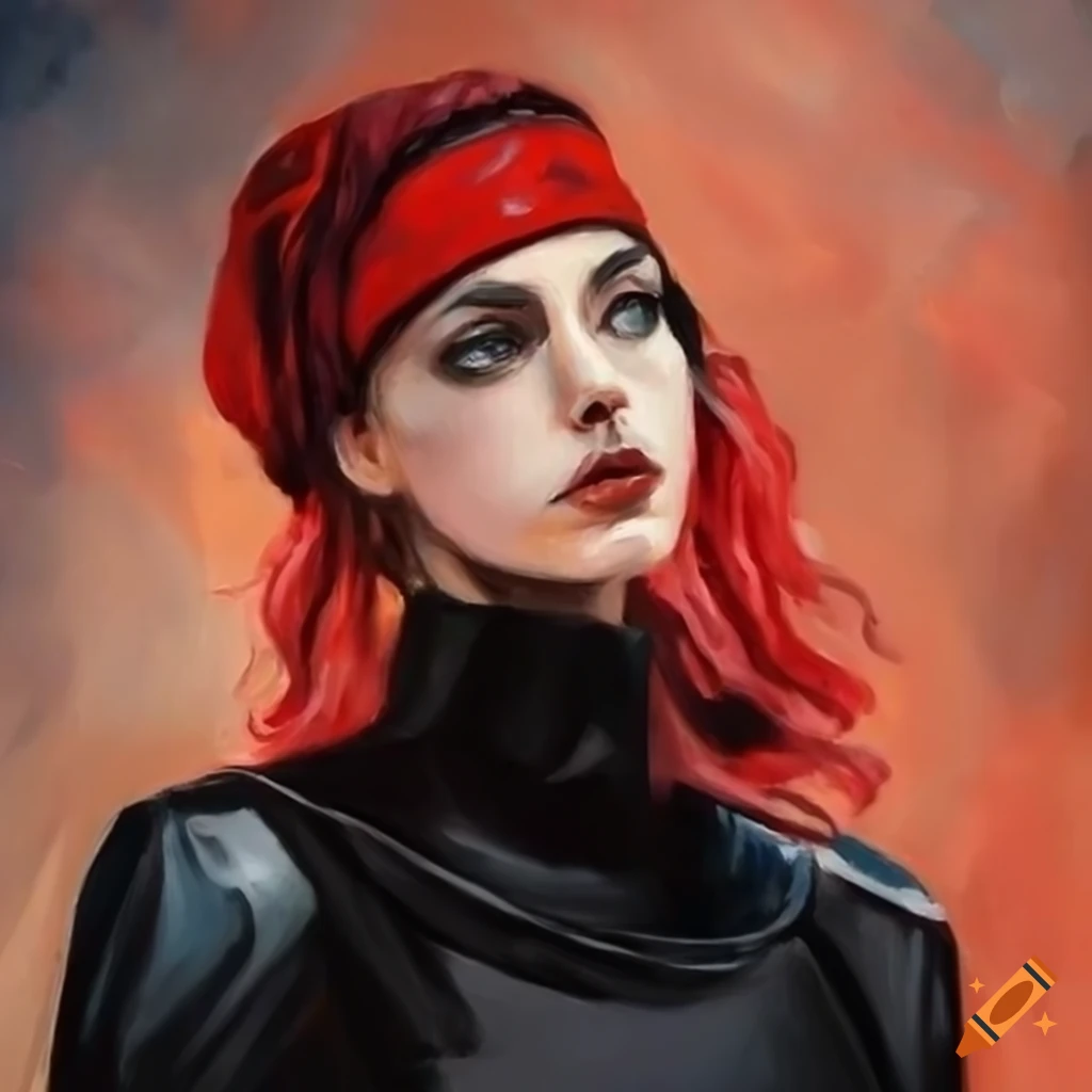 Oil painting of a young woman in black clothes with a red bandana