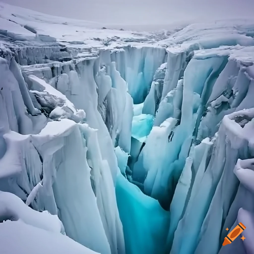 bird's-eye view of an icy canyon during a blizzard