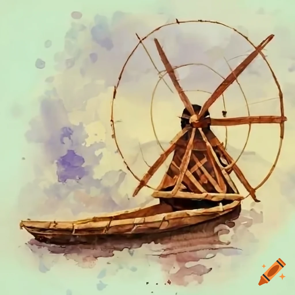 bamboo boat with windmill and strings