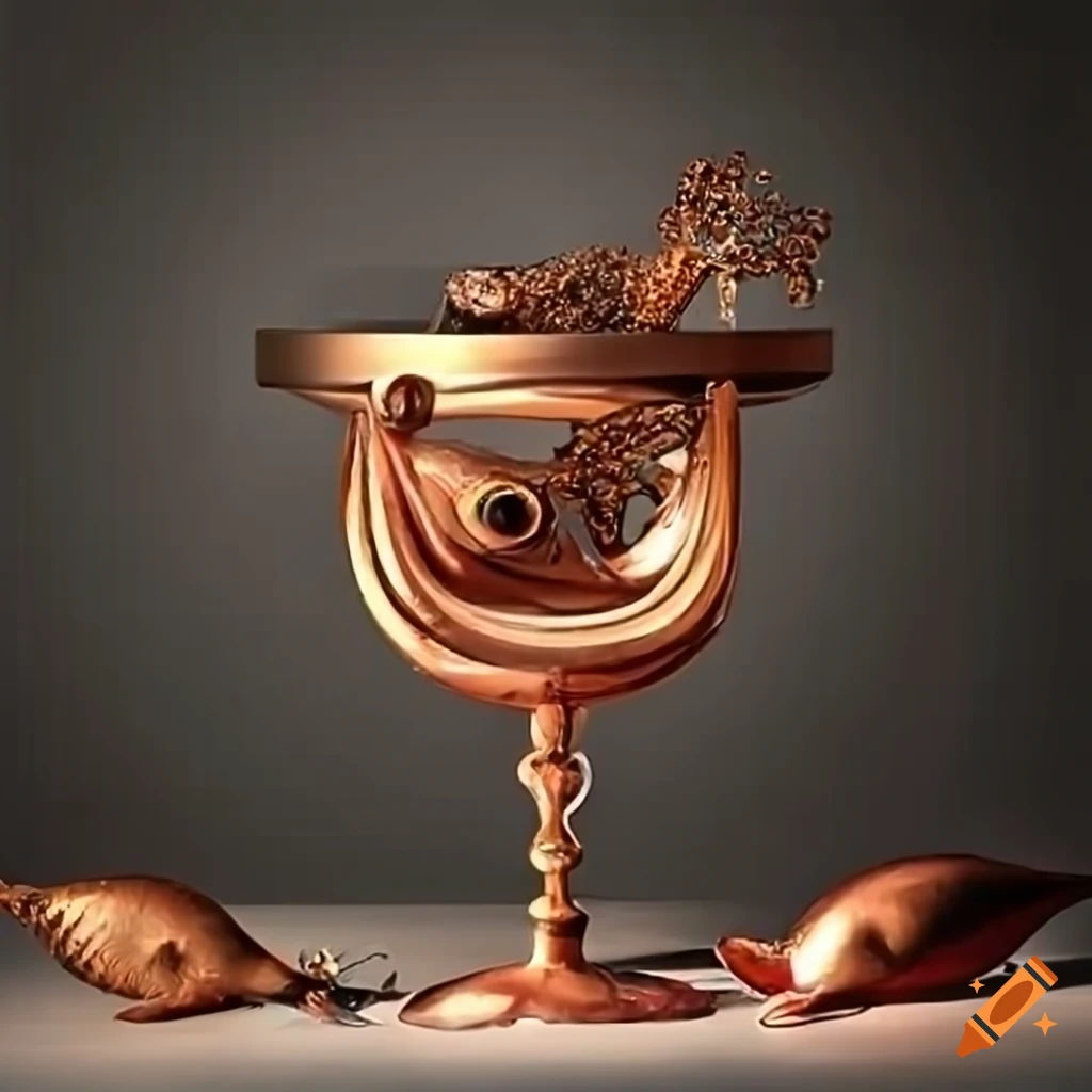 surreal pastries on a table with glasses and goldfish in a wine glass
