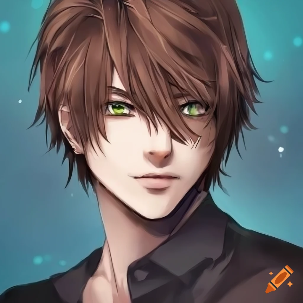 anime portrait of a confident guy with brown hair and green eyes