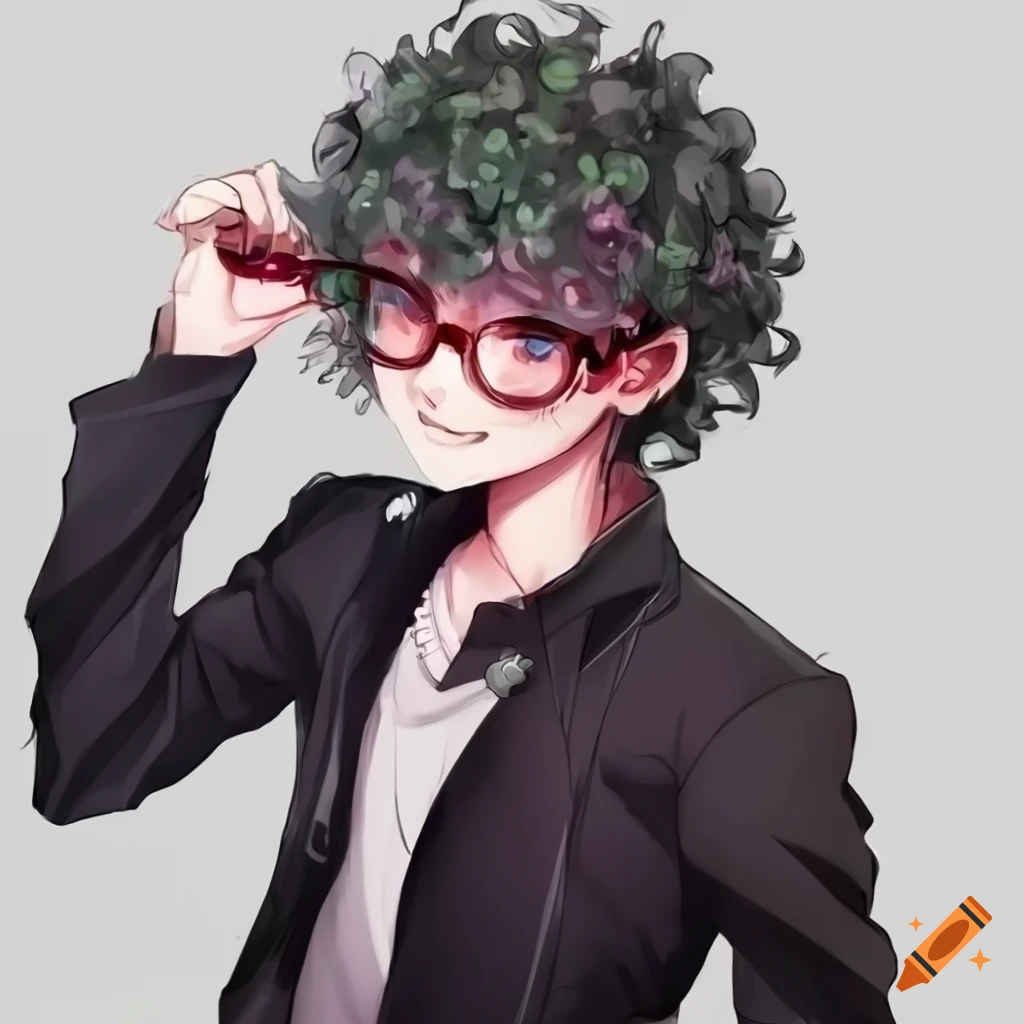 Portrait of a cute anime boy with green puffy hair and pink eyes on Craiyon