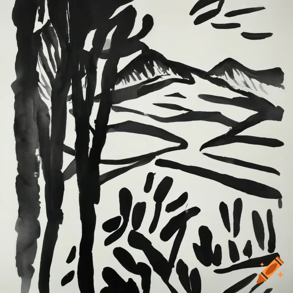 Chinese landscape painting with black ink strokes on Craiyon