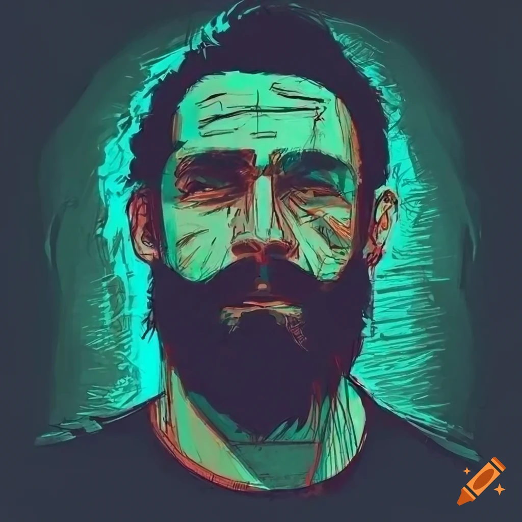 sketch of a cyberpunk man with black striped hair and beard