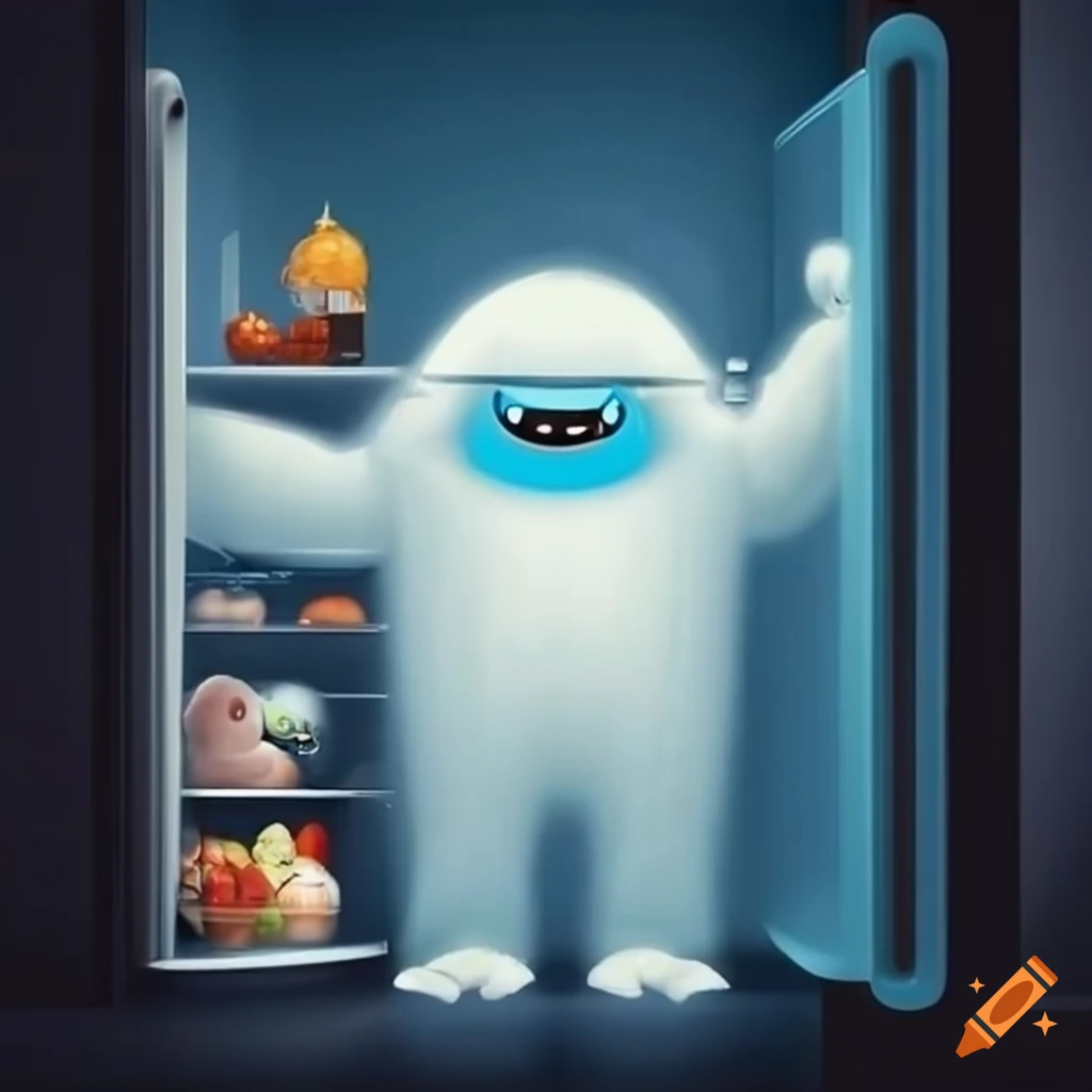 Smiling yeti inside a fridge