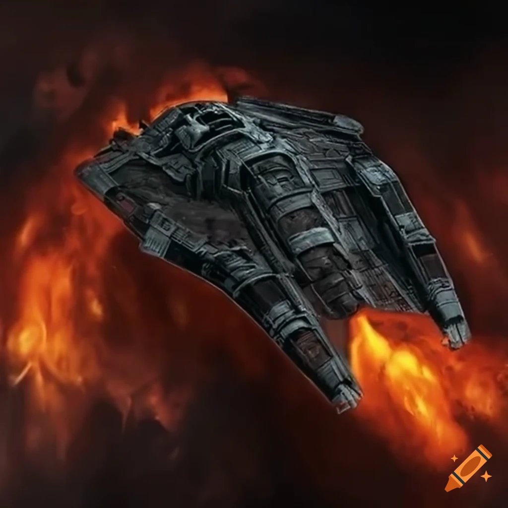 dramatic image of a blackened and burning Star Wars spaceship