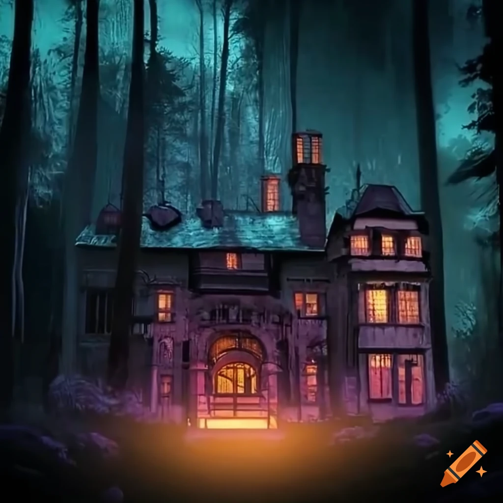 nighttime mansion in the woods