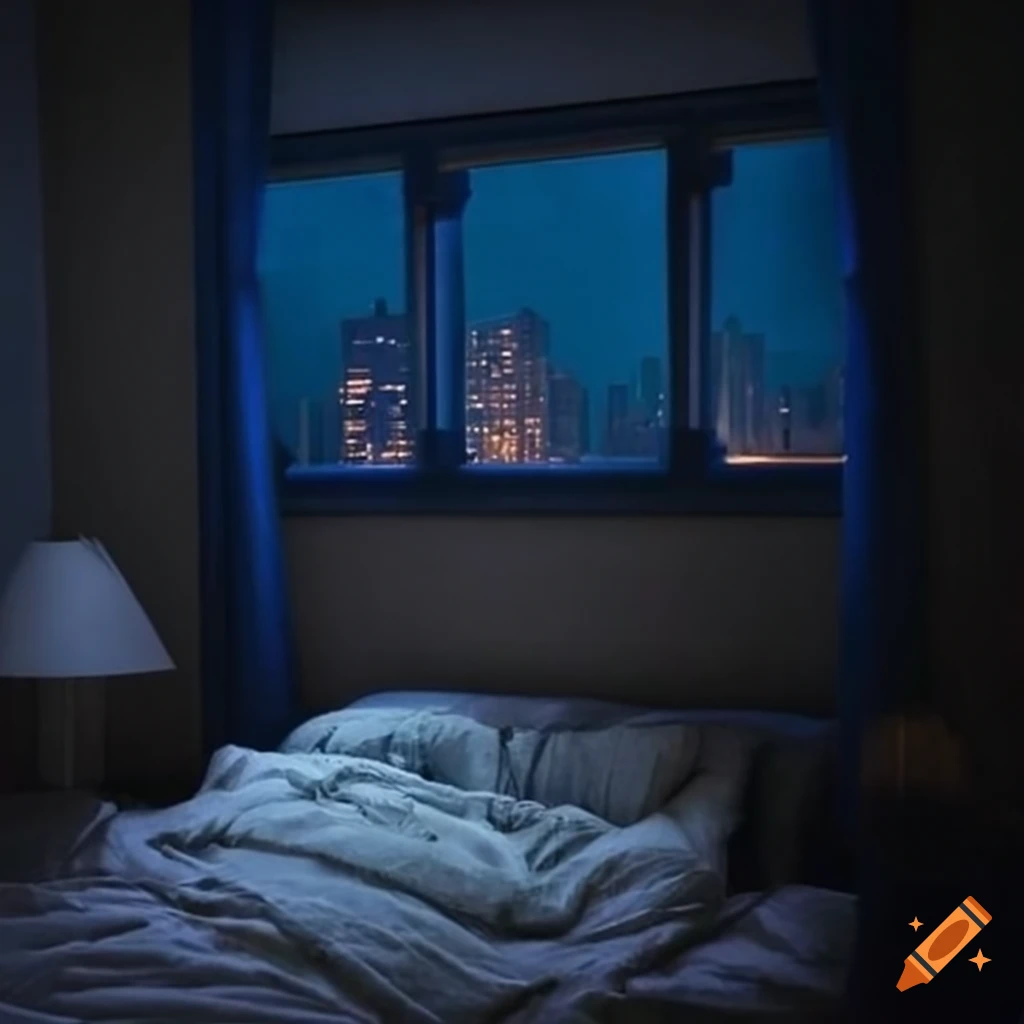 image of a man unable to sleep with city lights in background