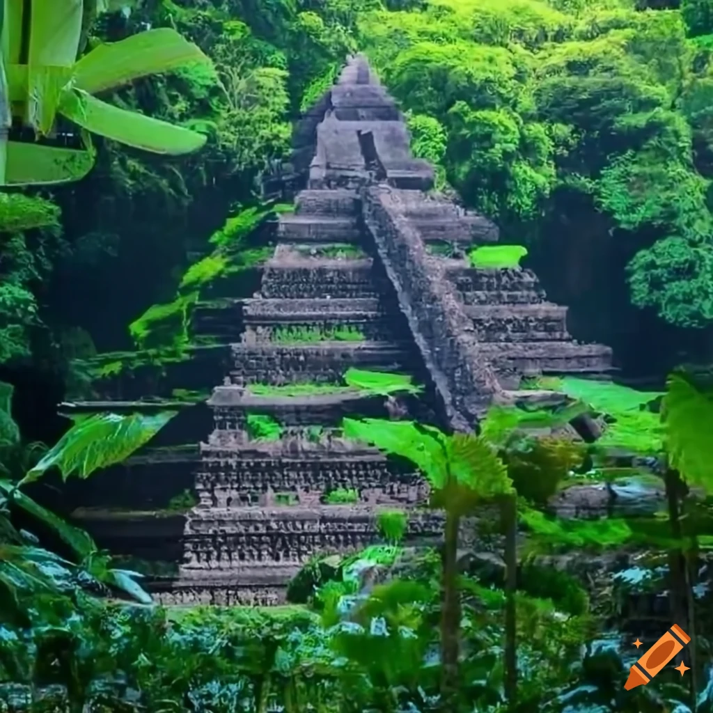 Ancient pyramid ruins in the jungle mist on Craiyon