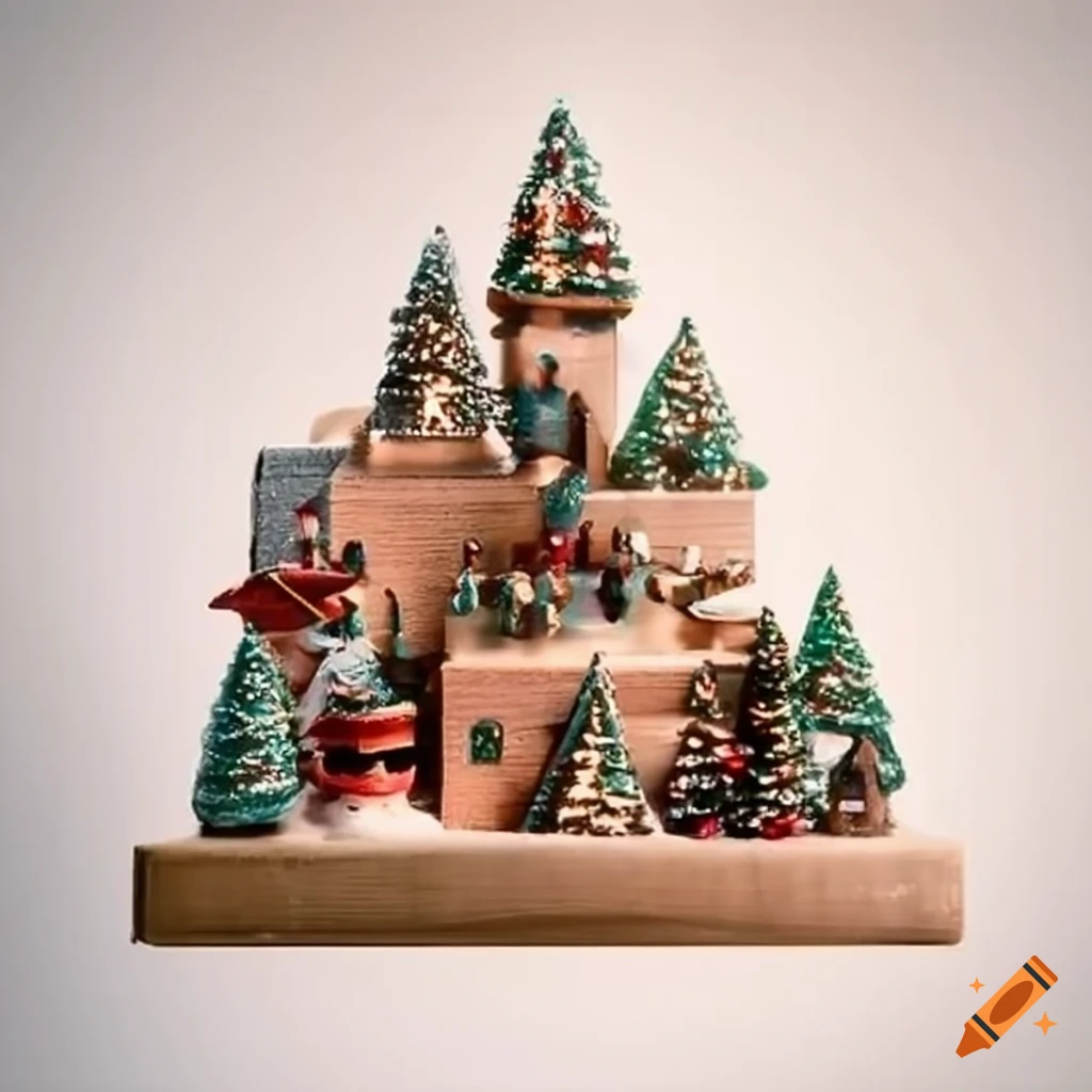 Christmas village display on a floating shelf on Craiyon