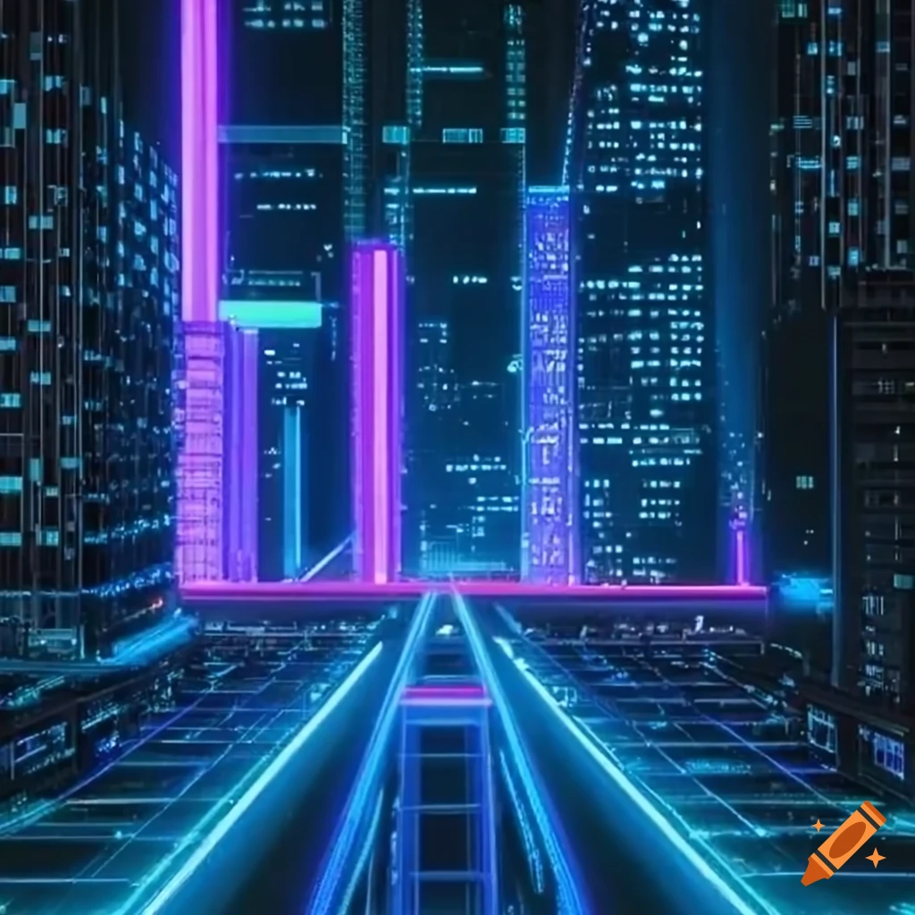 Synthwave cityscape at night with futuristic skyscrapers