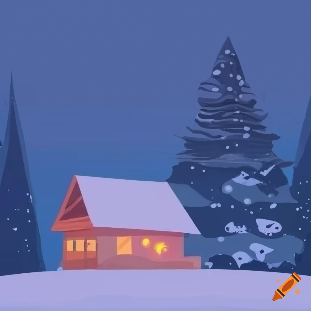 minimalist winter illustration of a mountain cabin with snowman