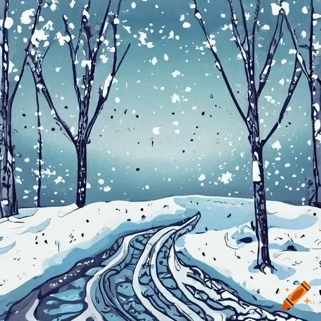 black and white drawing of a snowy path