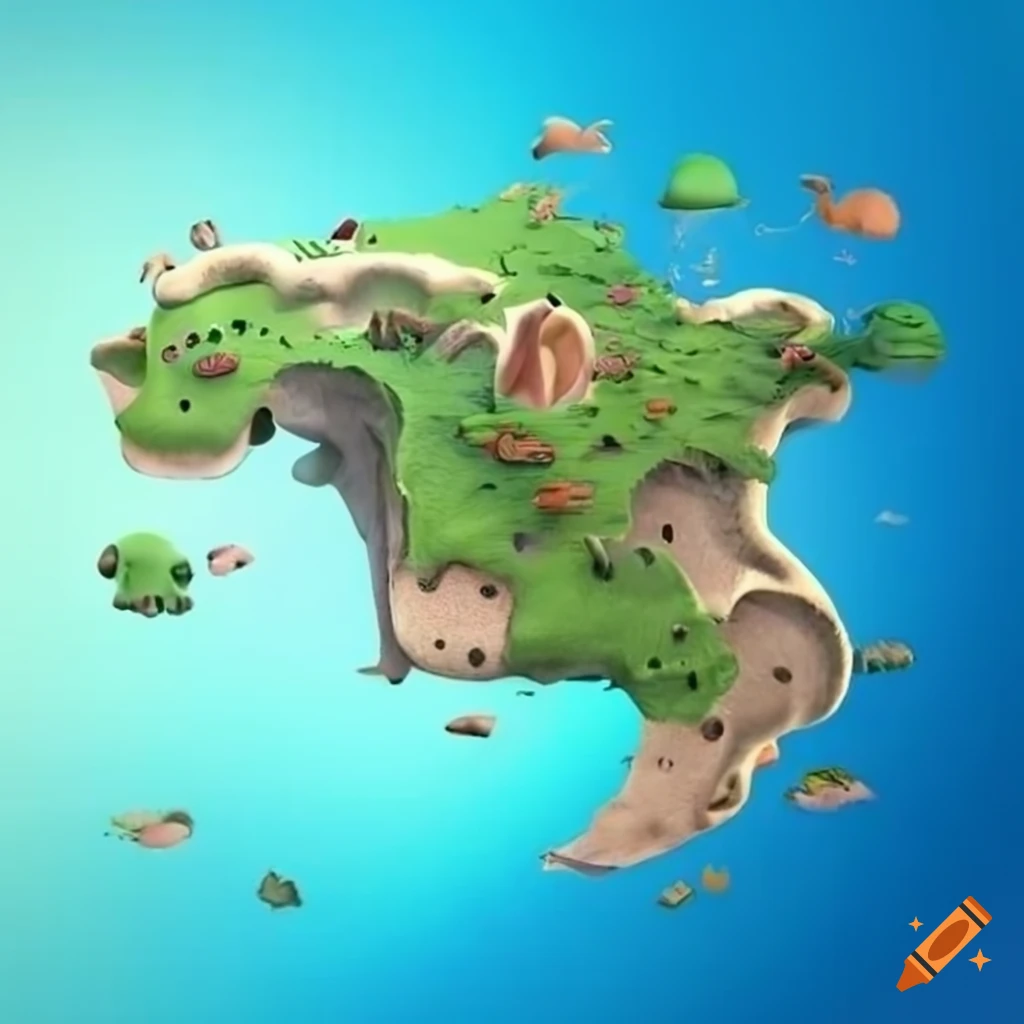 3D representation of a rabbit-shaped world map