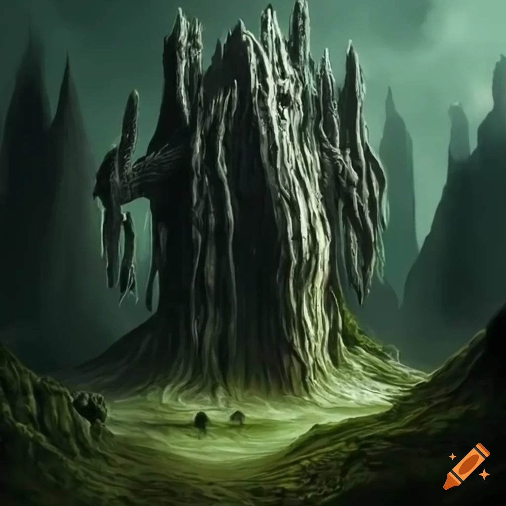 Sculpture of stone trees in dark atmosphere on Craiyon