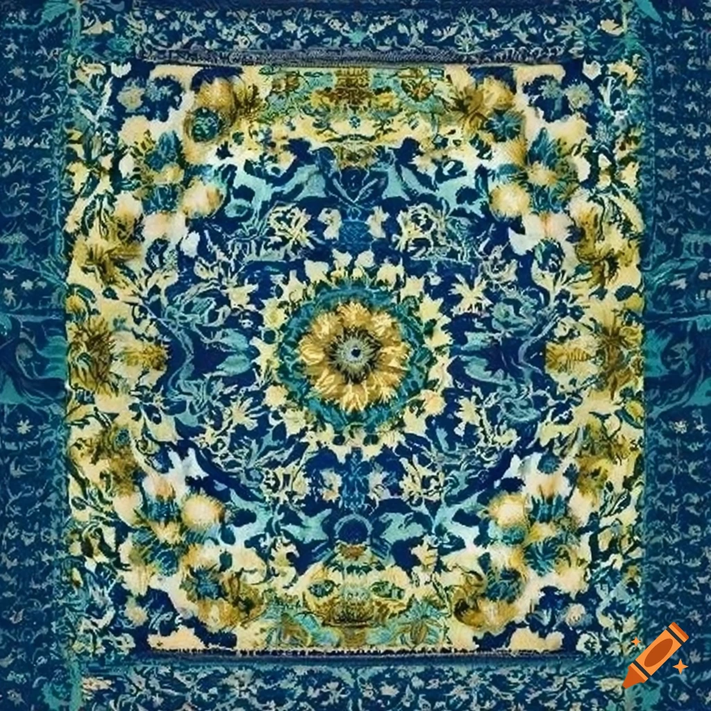 Floral tapestry with green, navy blue, and yellow patterns on Craiyon