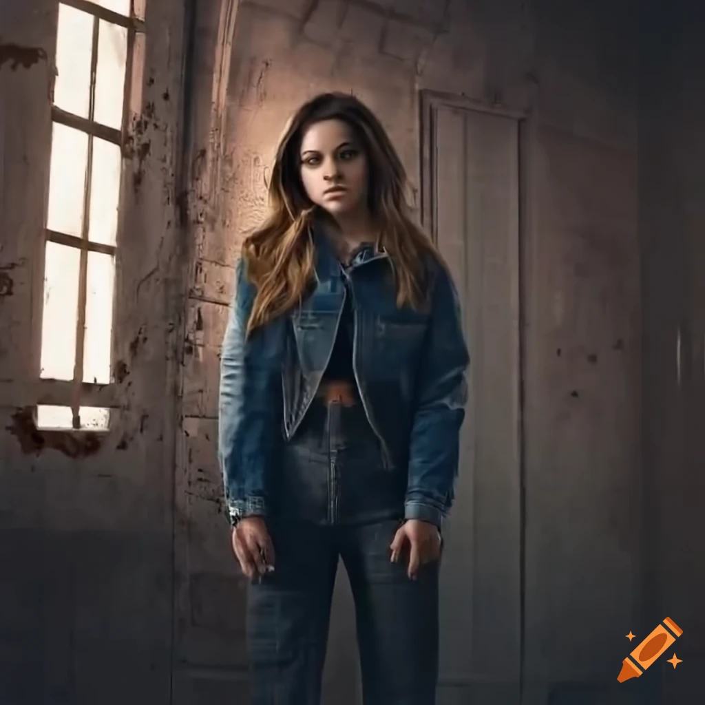 photo of a young woman in a denim jacket and black leather trousers at a derelict building