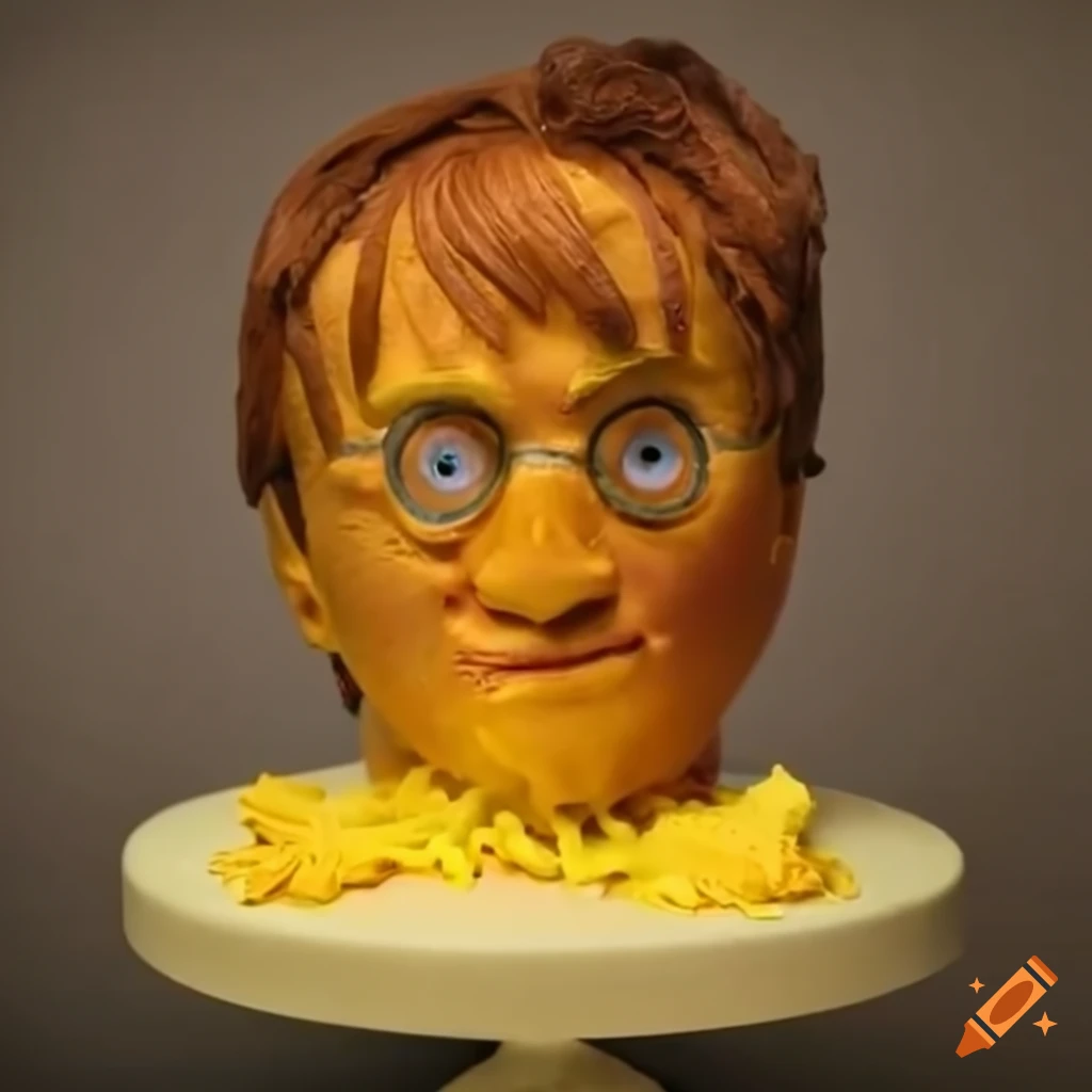 Cake sculpture of harry potter's head on Craiyon
