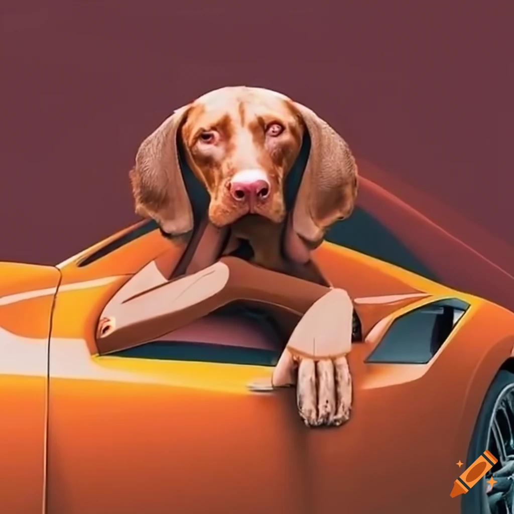 Vizsla dog driving an orange lamborghini on craiyon