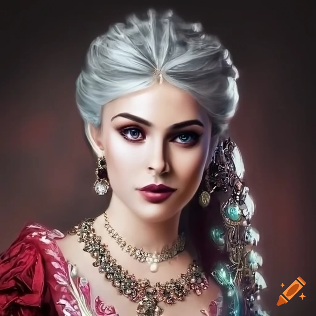 Portrait of a stunning silver-haired lady with a regal expression on ...