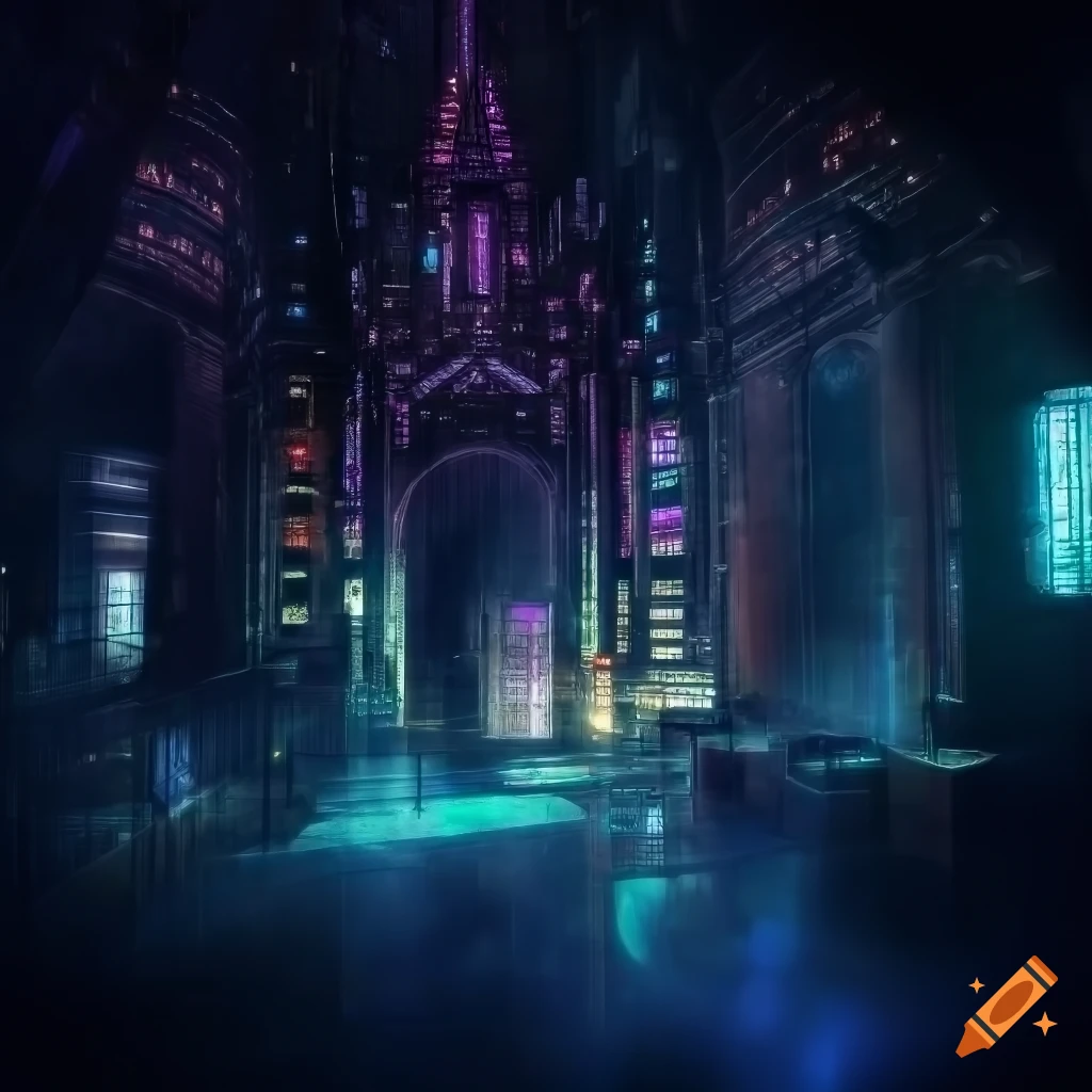photograph of a futuristic library at night