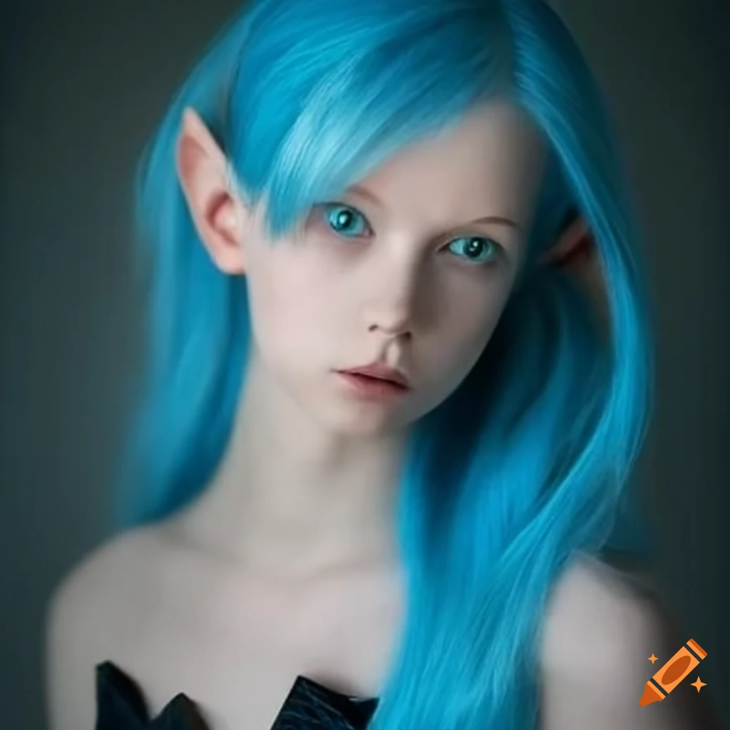 Image of a girl with blue hair dressed as an elf on Craiyon