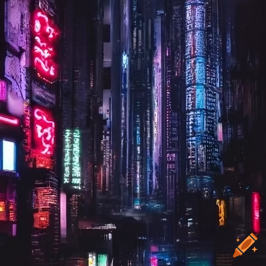 neon lights in a futuristic city at night