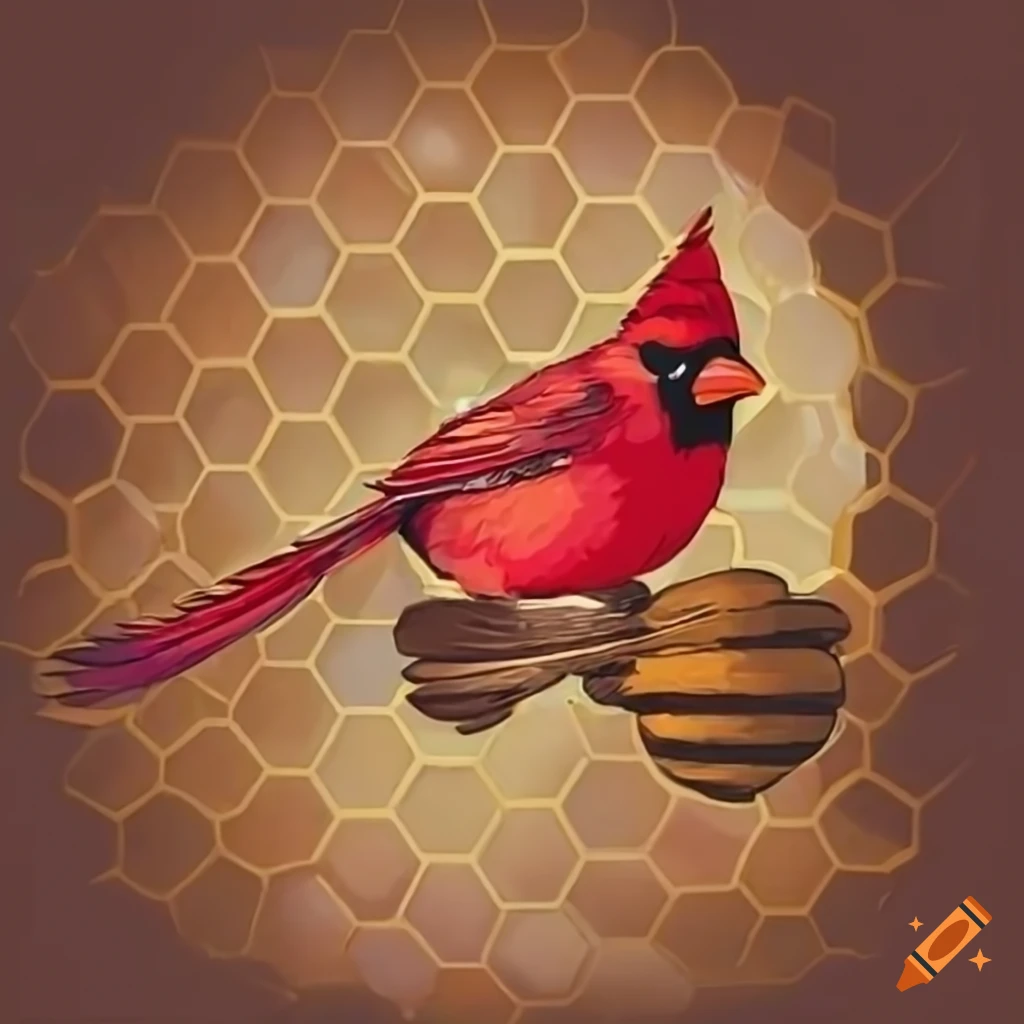 cardinal bird flying near a beehive with honeycomb background
