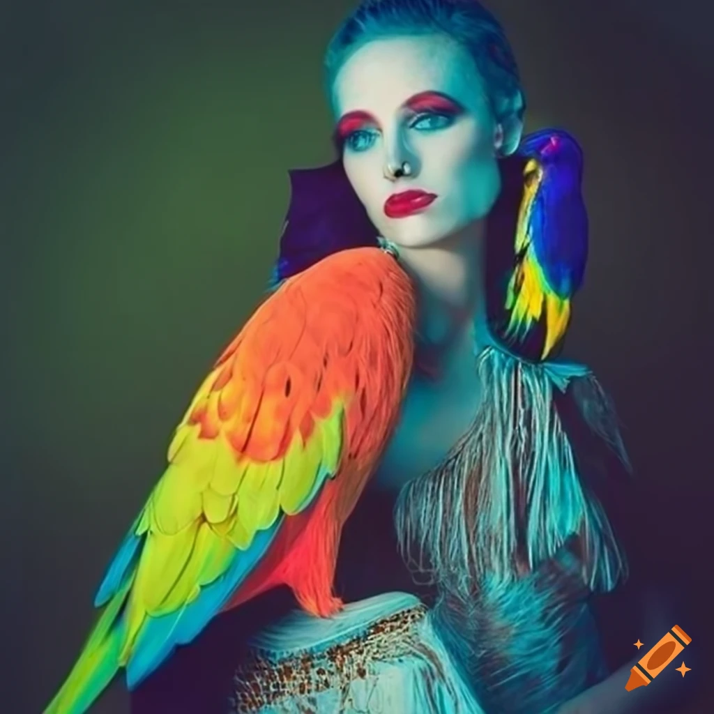 Neon vintage fashion photo with parrot on Craiyon