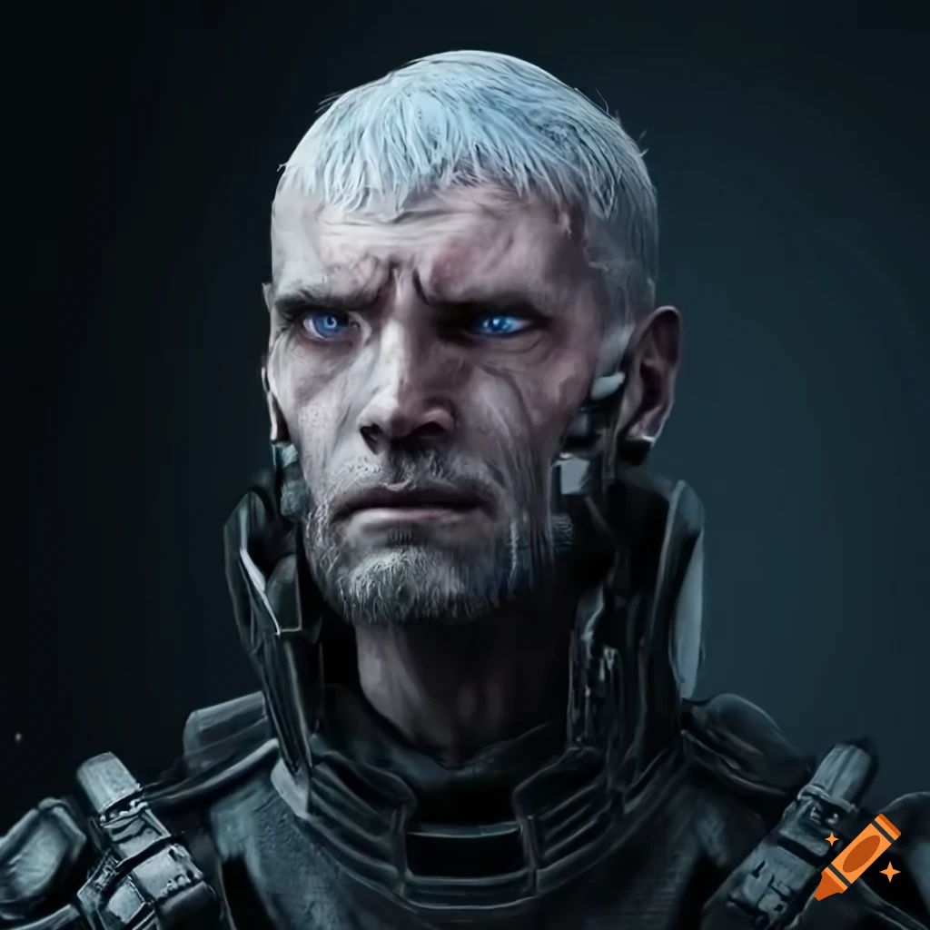 Image of a cybernetic soldier with blue eyes and gray hair on Craiyon