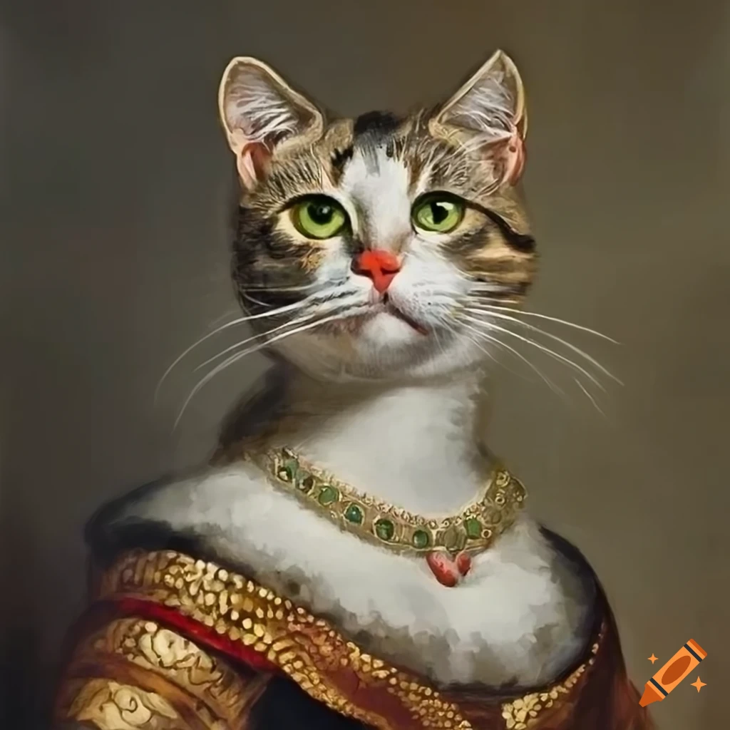 Portrait painting of a cat dressed as a queen
