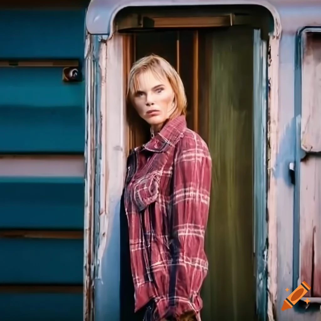 actress lookalike with messy hair in a caravan