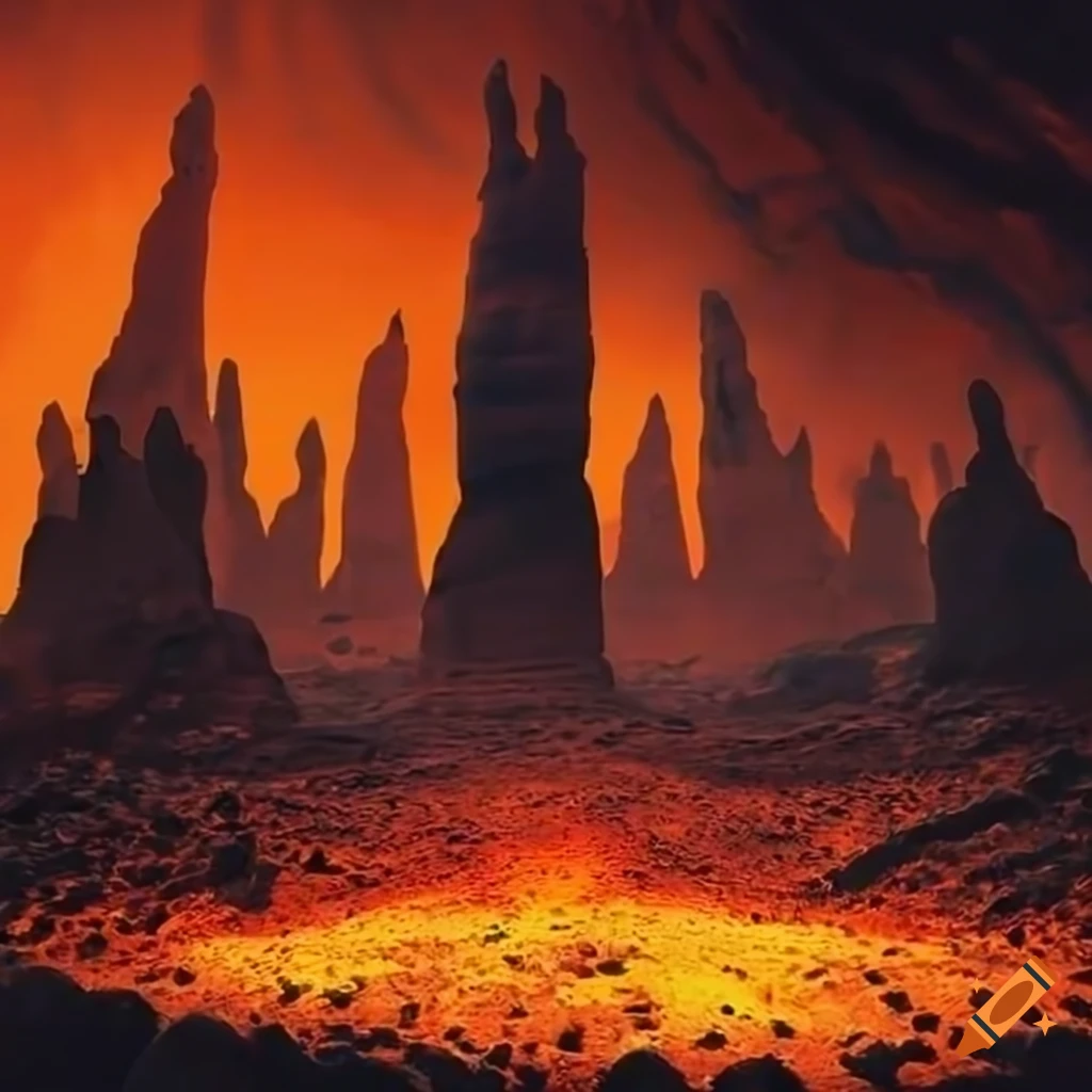 magical land art of a desert with sandstone pillars and lava lake