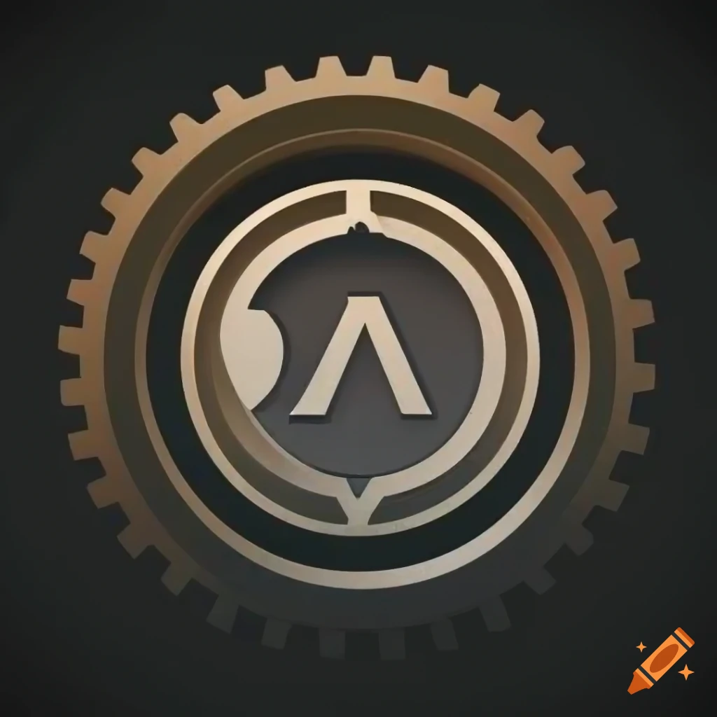detailed circular logo with the letter A and gears