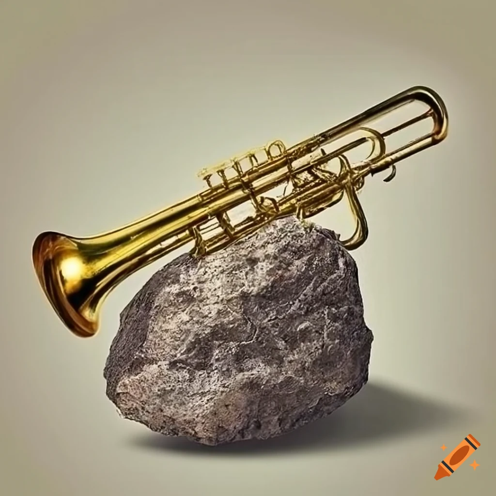 Sculpture of rock with brass instruments