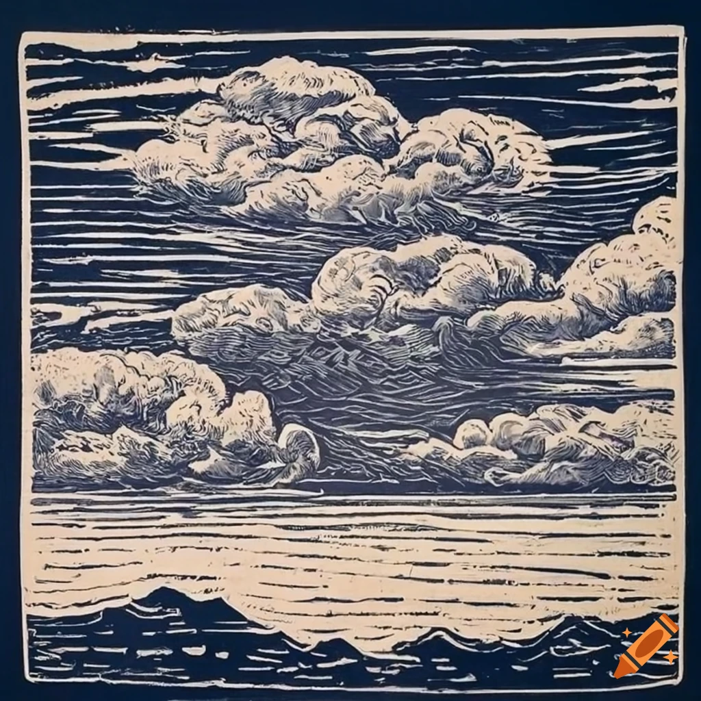 Monochrome linocut engraving of sky and clouds