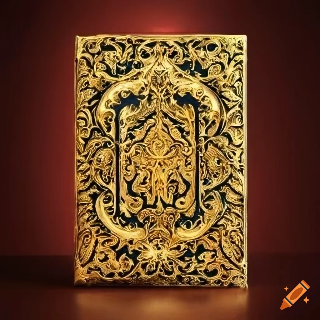 Intricate gold ornated book cover on Craiyon