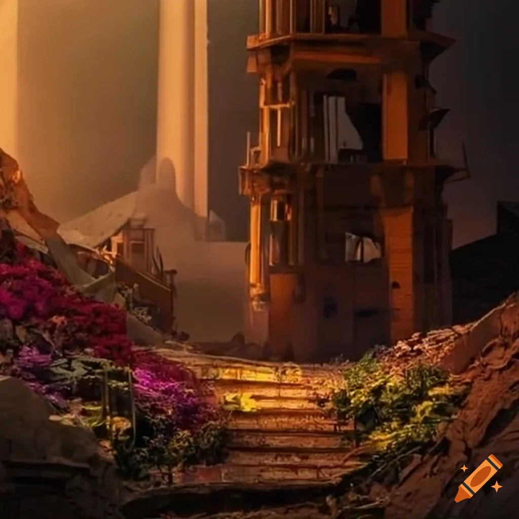 Flowers struggling under rubble on Craiyon